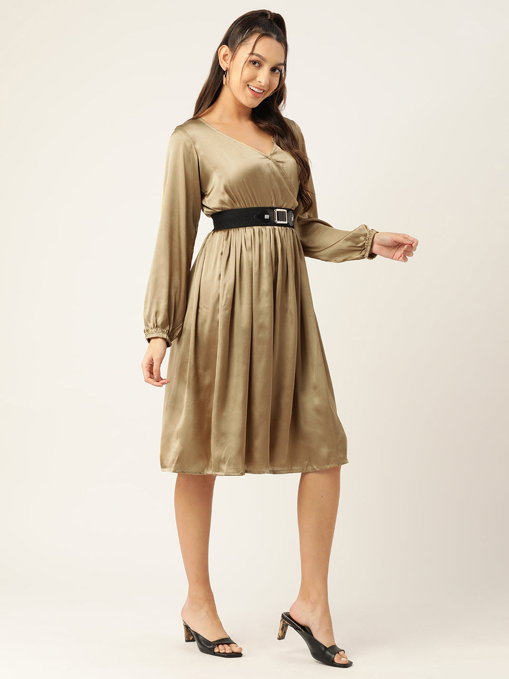 Jompers Women's Puff Sleeves Satin Wrap Dress with Belt - Golden - Distacart