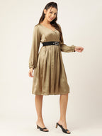 Jompers Women's Puff Sleeves Satin Wrap Dress with Belt - Golden - Distacart