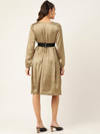 Jompers Women's Puff Sleeves Satin Wrap Dress with Belt - Golden - Distacart