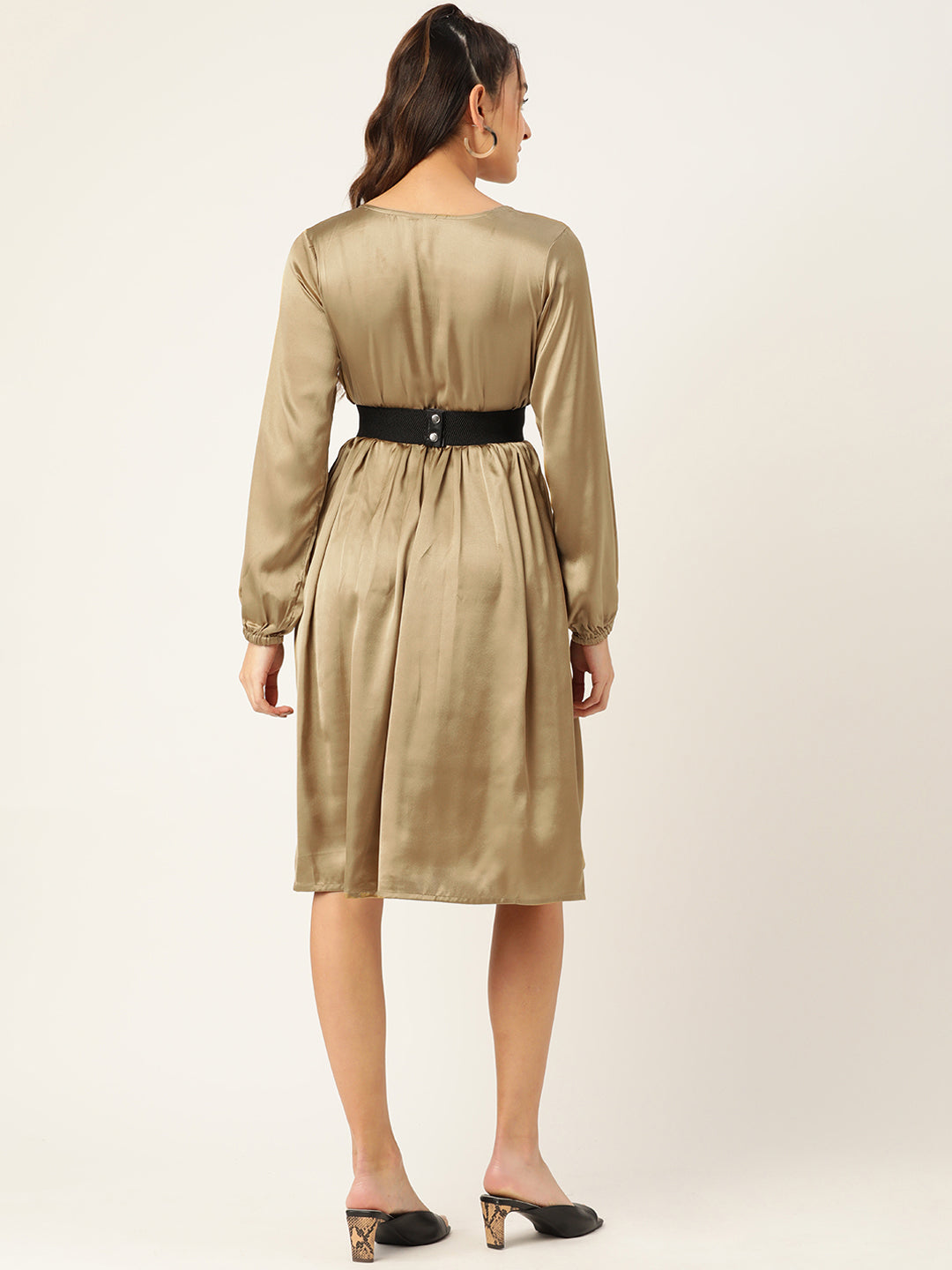Jompers Women's Puff Sleeves Satin Wrap Dress with Belt - Golden - Distacart