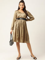 Jompers Women's Puff Sleeves Satin Wrap Dress with Belt - Golden - Distacart