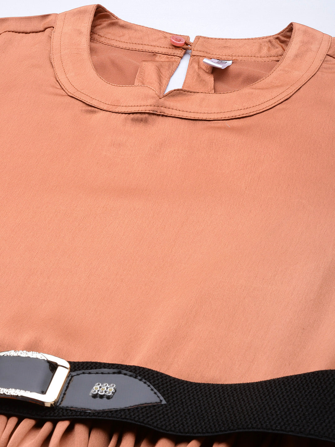 Jainish Women's Peach-Coloured Satin Dress with Belt - Distacart
