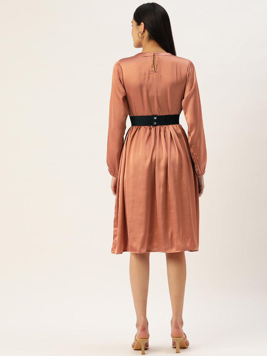 Jainish Women's Peach-Coloured Satin Dress with Belt - Distacart