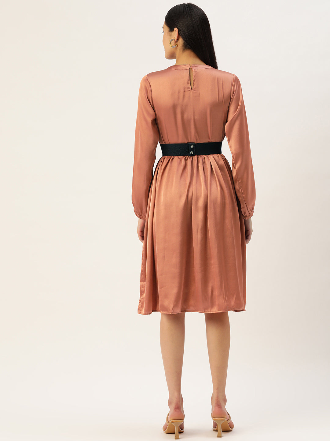 Jainish Women's Peach-Coloured Satin Dress with Belt - Distacart