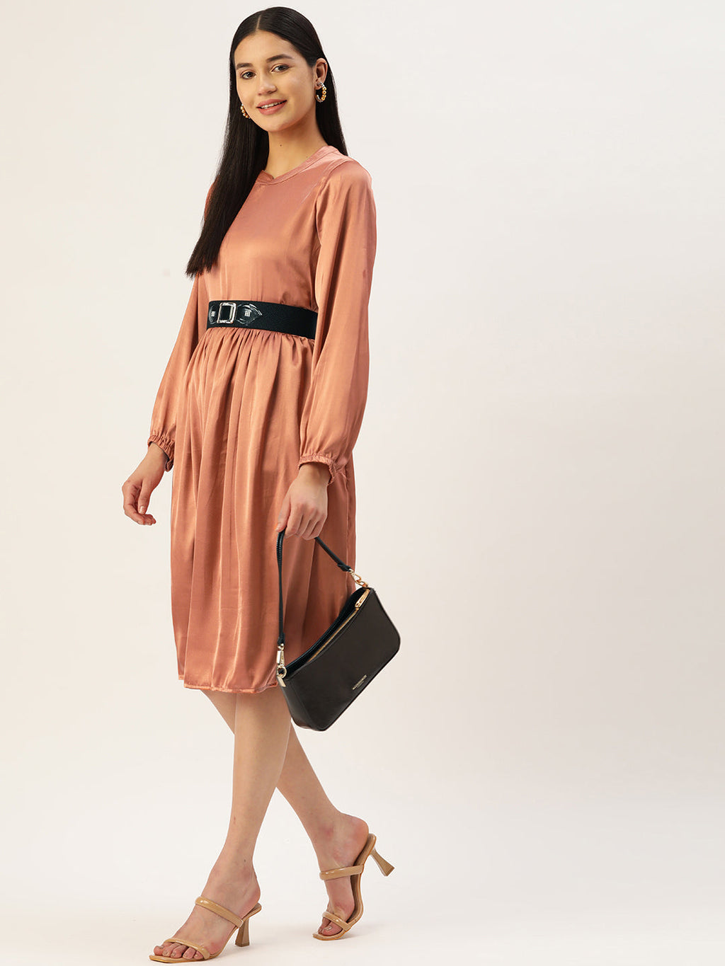 Jainish Women's Peach-Coloured Satin Dress with Belt - Distacart