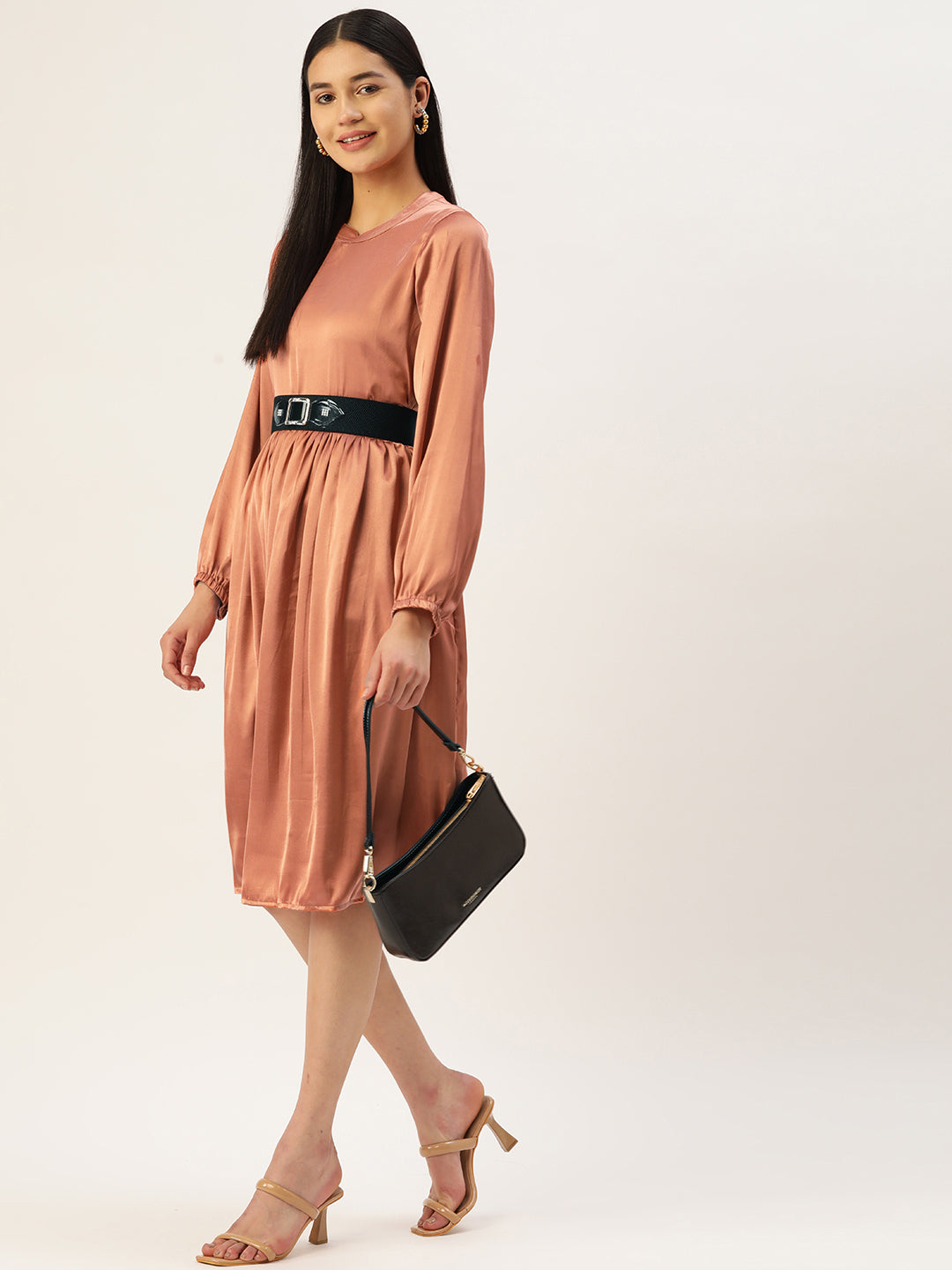 Jainish Women's Peach-Coloured Satin Dress with Belt - Distacart