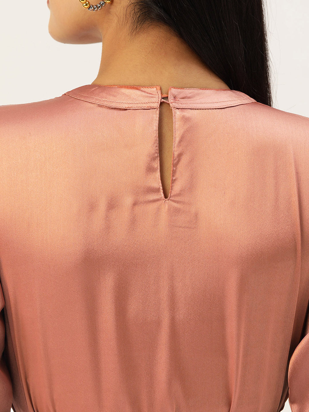 Jainish Women's Peach-Coloured Satin Dress with Belt - Distacart