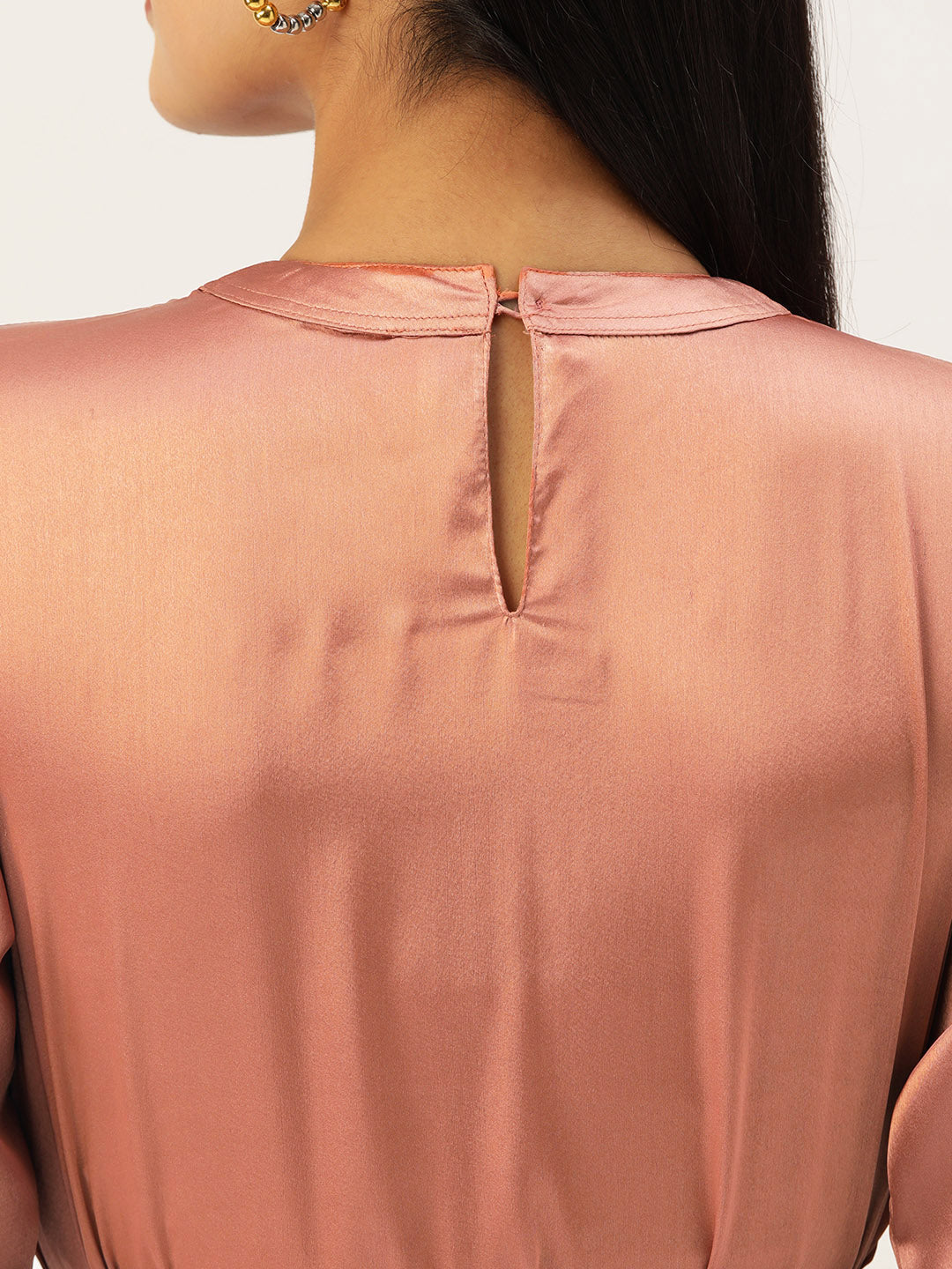 Jainish Women's Peach-Coloured Satin Dress with Belt - Distacart