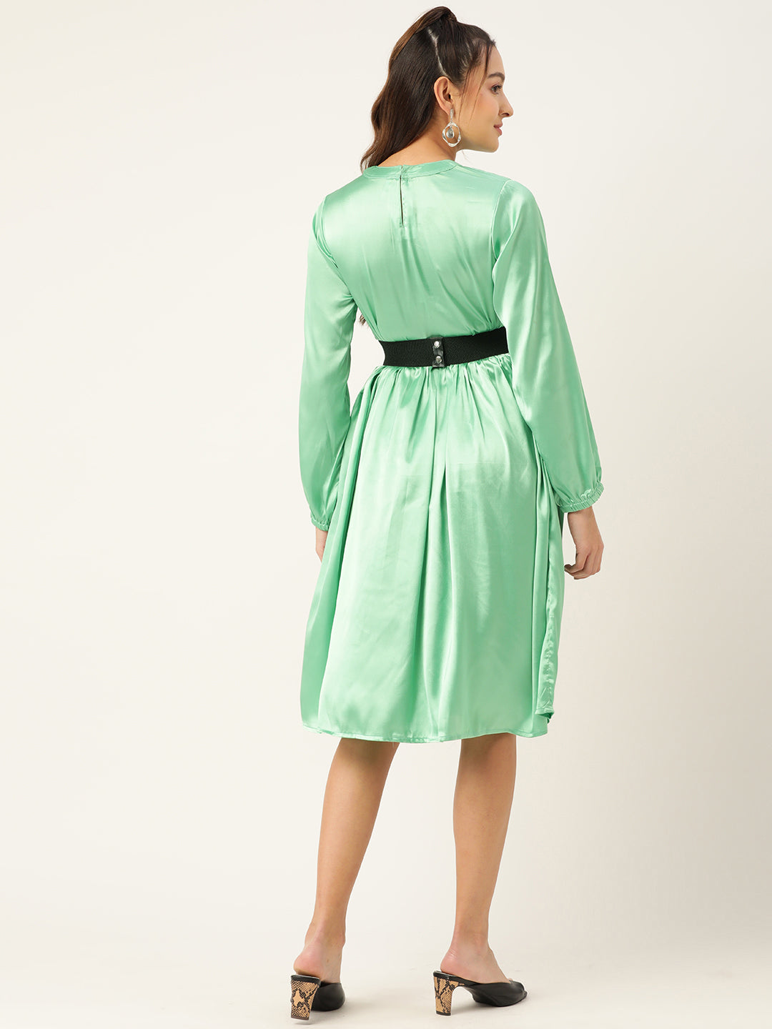 Jainish Women's Green-Coloured Satin Dress with Belt - Distacart