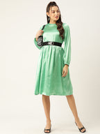 Jainish Women's Green-Coloured Satin Dress with Belt - Distacart