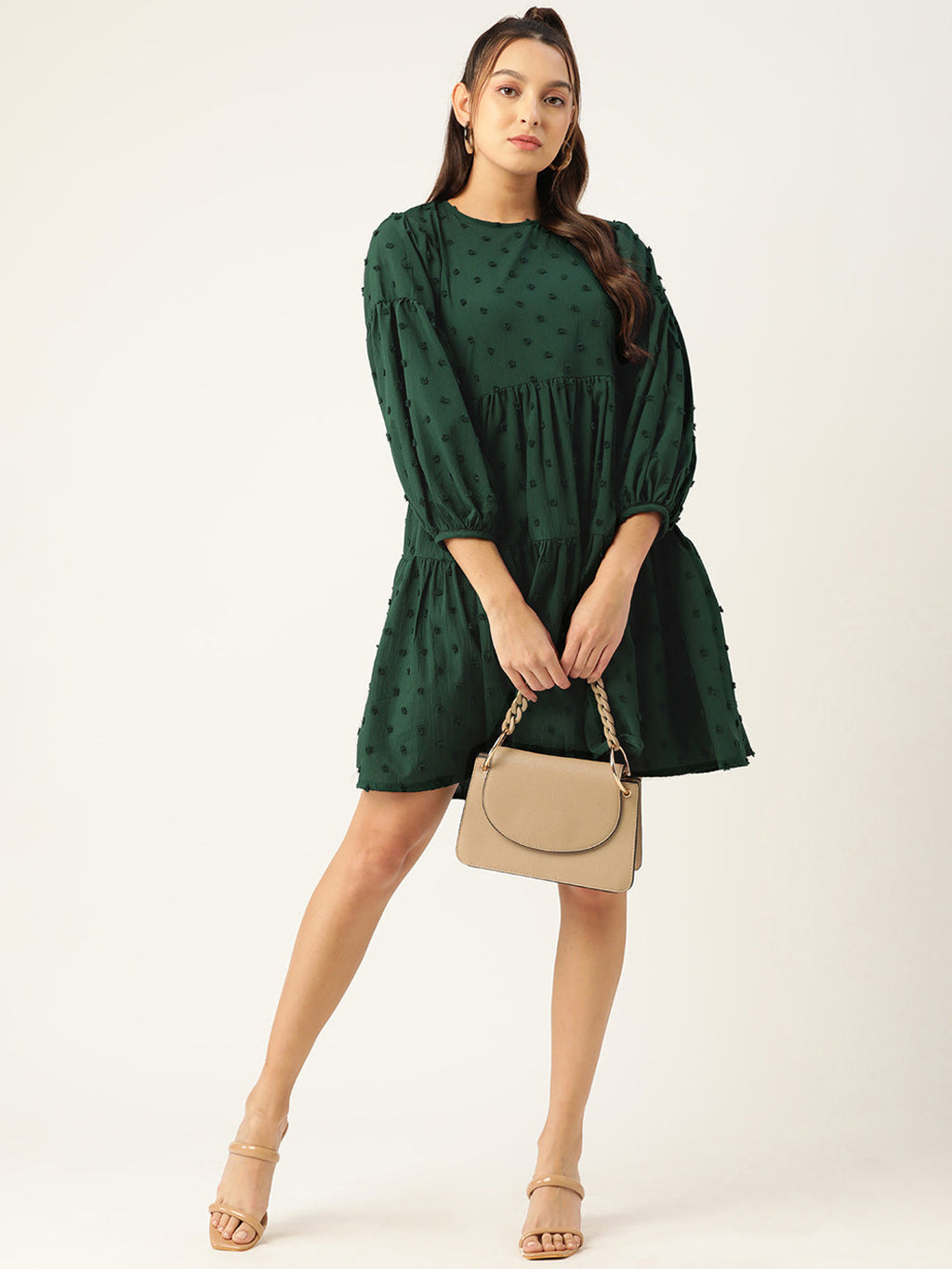 Jainish Women's Georgette Puff Sleeves Tiered Dress - Green - Distacart