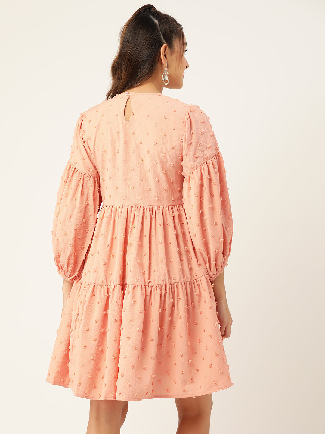 Jainish Women's Georgette Puff Sleeves Tiered Dress - Peach - Distacart