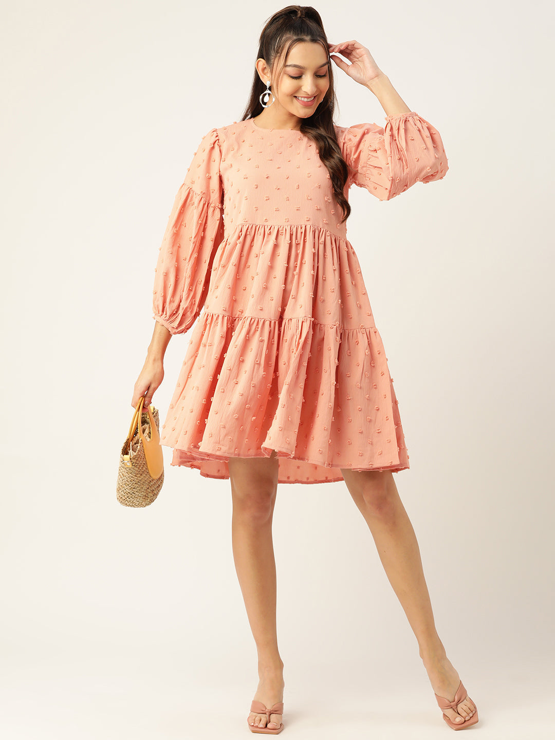 Jainish Women's Georgette Puff Sleeves Tiered Dress - Peach - Distacart