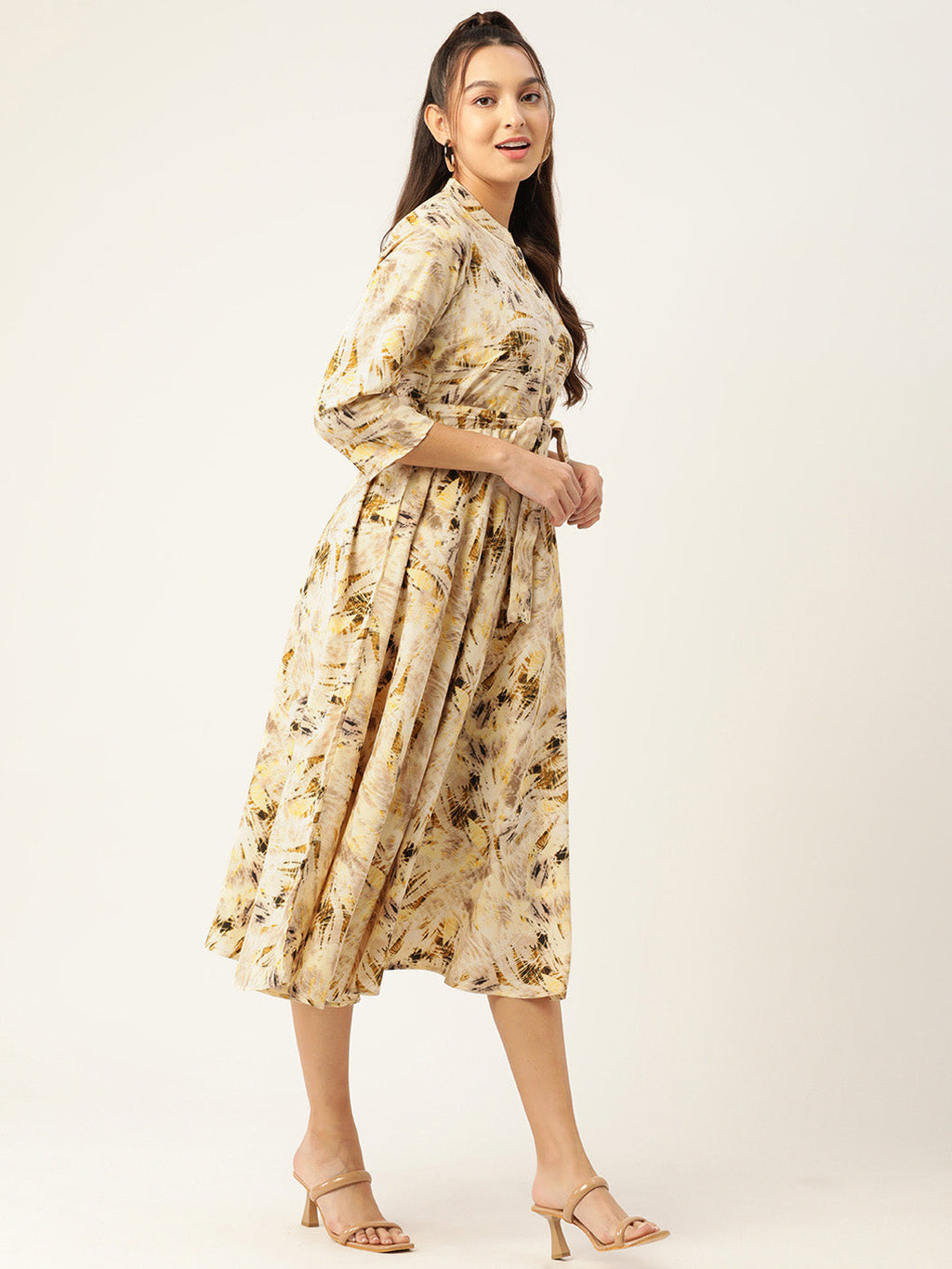 Jainish Women's Abstract Printed Crepe Shirt Collar Maxi Dress with Belt - Cream - Distacart