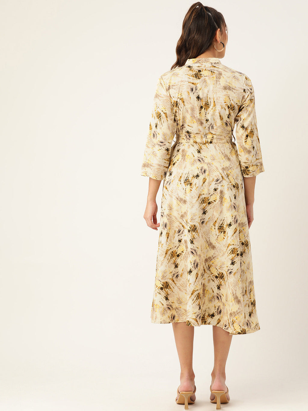 Jainish Women's Abstract Printed Crepe Shirt Collar Maxi Dress with Belt - Cream - Distacart