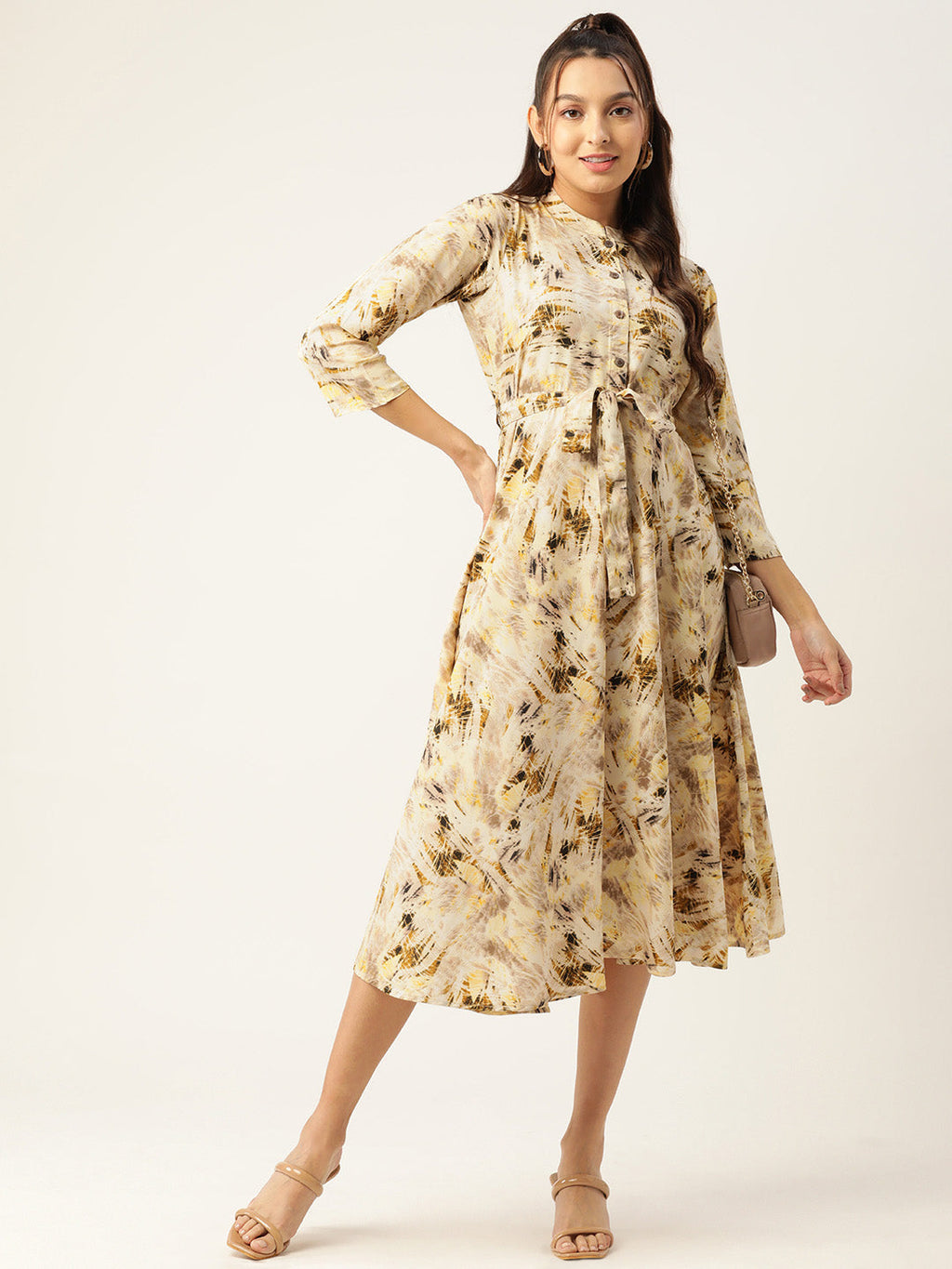 Jainish Women's Abstract Printed Crepe Shirt Collar Maxi Dress with Belt - Cream - Distacart