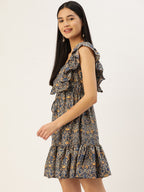 Jainish Women's Printed Tiered Dress with frills - Blue - Distacart