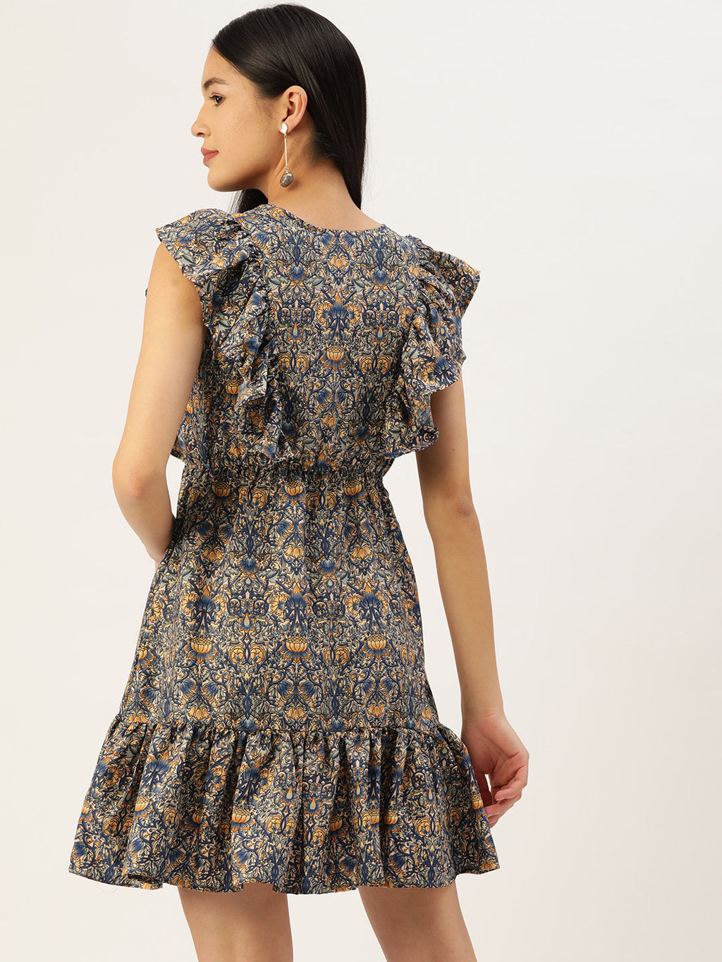 Jainish Women's Navy Blue & Cream-Coloured Floral Crepe A-Line Dress - Distacart