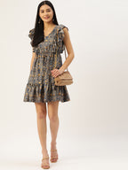 Jainish Women's Navy Blue & Cream-Coloured Floral Crepe A-Line Dress - Distacart
