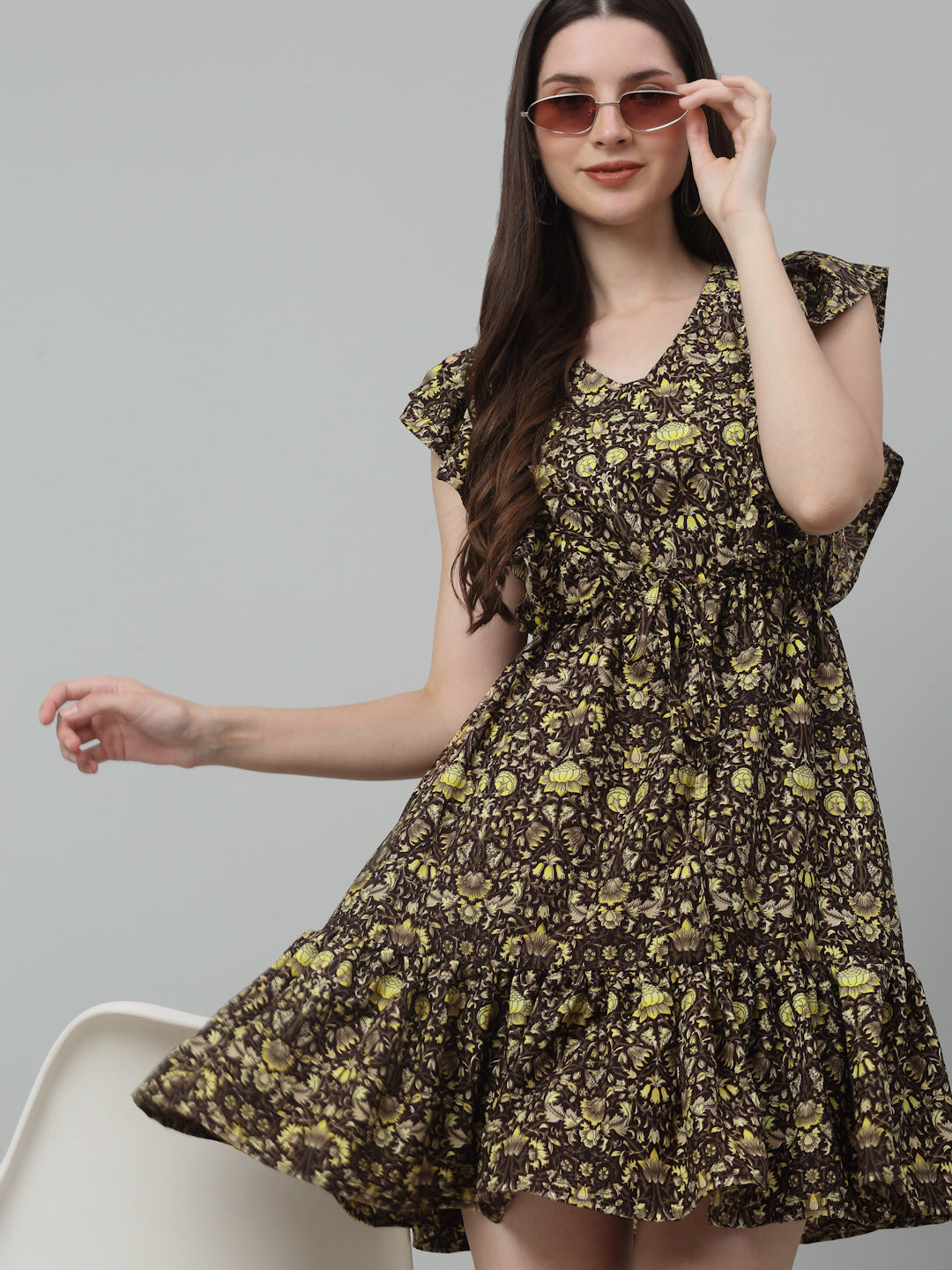 Jainish Women's WoPrinted Tiered Dress with frills - Coffee - Distacart
