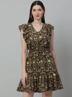 Jainish Women's WoPrinted Tiered Dress with frills - Coffee - Distacart