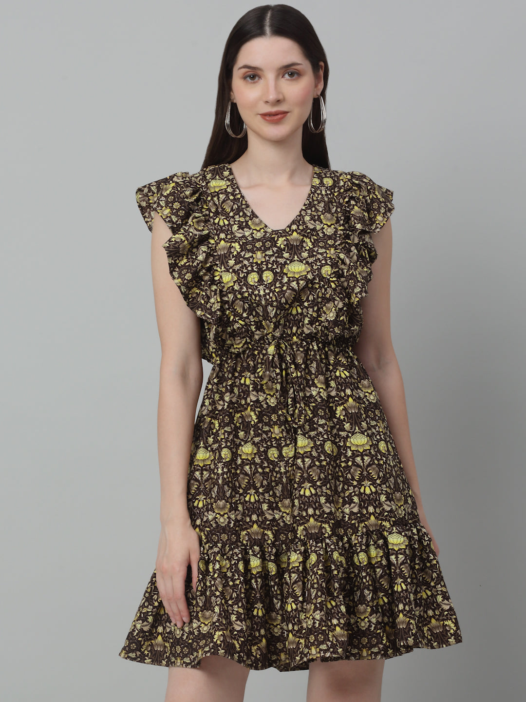 Jainish Women's WoPrinted Tiered Dress with frills - Coffee - Distacart