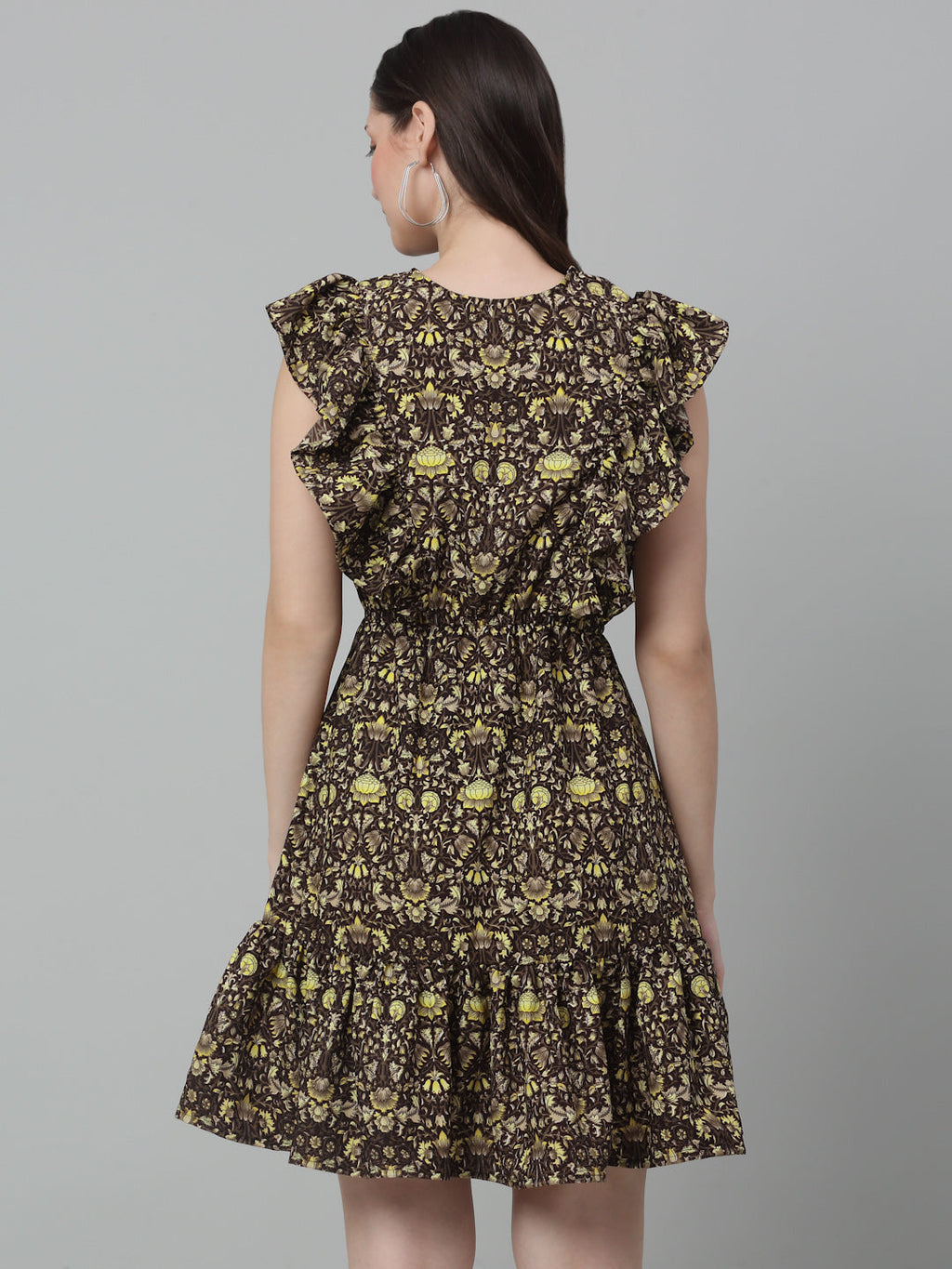 Jainish Women's WoPrinted Tiered Dress with frills - Coffee - Distacart