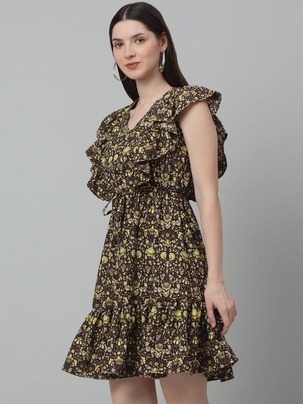 Jainish Women's WoPrinted Tiered Dress with frills - Coffee - Distacart