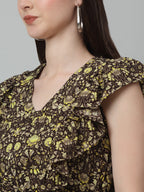 Jainish Women's WoPrinted Tiered Dress with frills - Coffee - Distacart