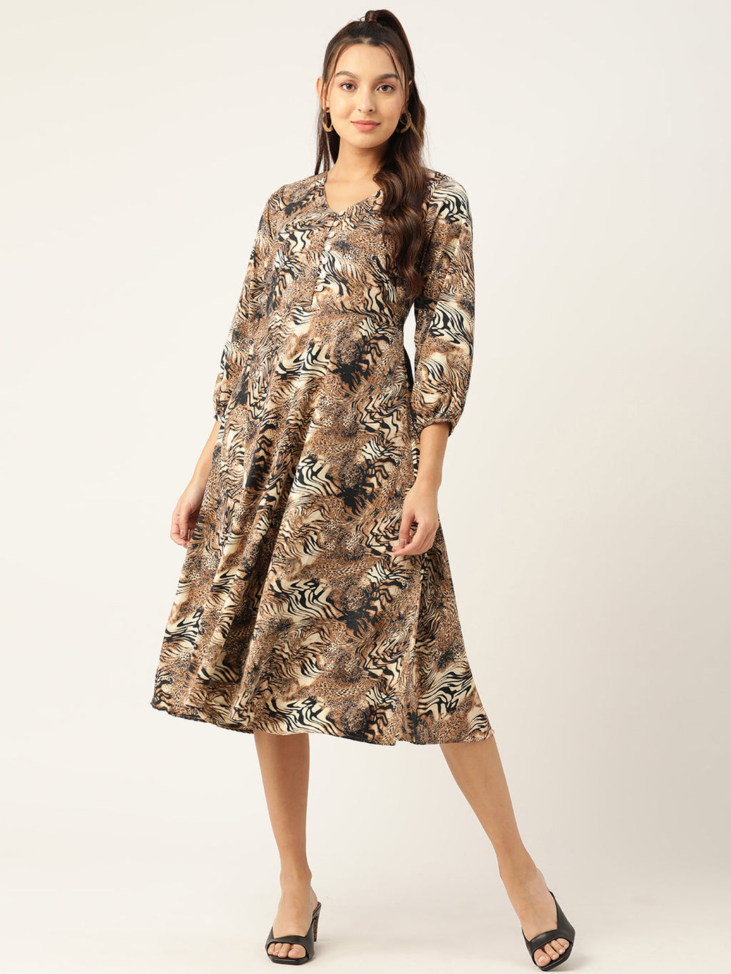 Jainish Women's Animal Print Puff Sleeves Crepe Midi Dress - Distacart