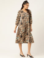 Jainish Women's Animal Print Puff Sleeves Crepe Midi Dress - Distacart