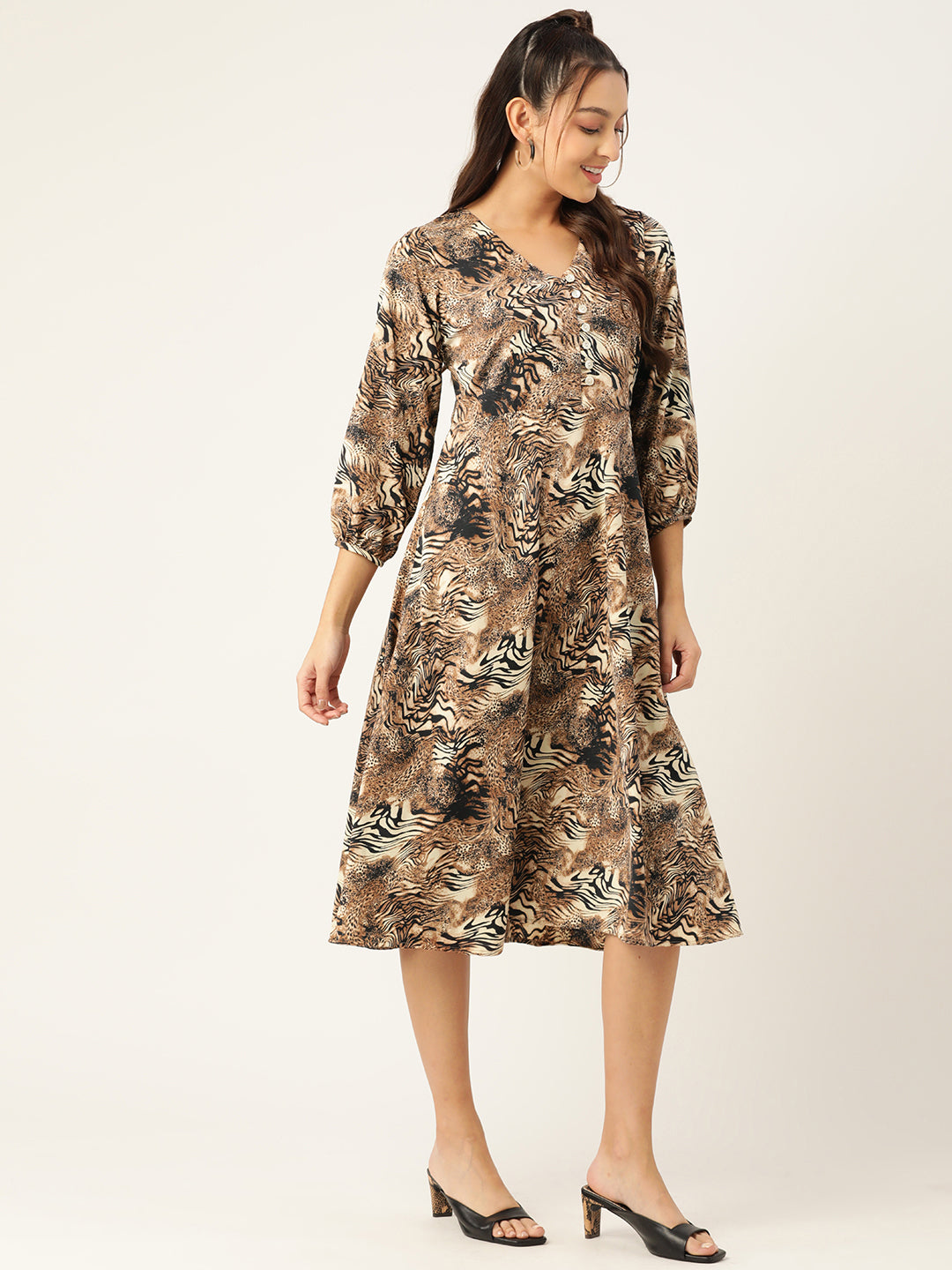 Jainish Women's Animal Print Puff Sleeves Crepe Midi Dress - Distacart