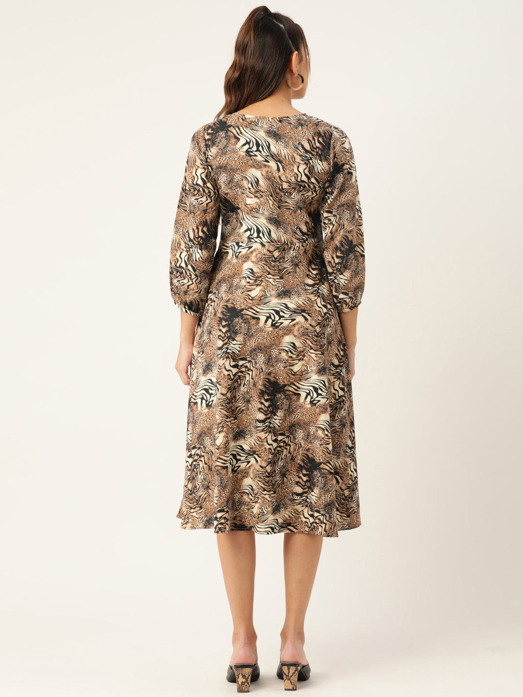 Jainish Women's Animal Print Puff Sleeves Crepe Midi Dress - Distacart