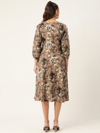 Jainish Women's Animal Print Puff Sleeves Crepe Midi Dress - Distacart