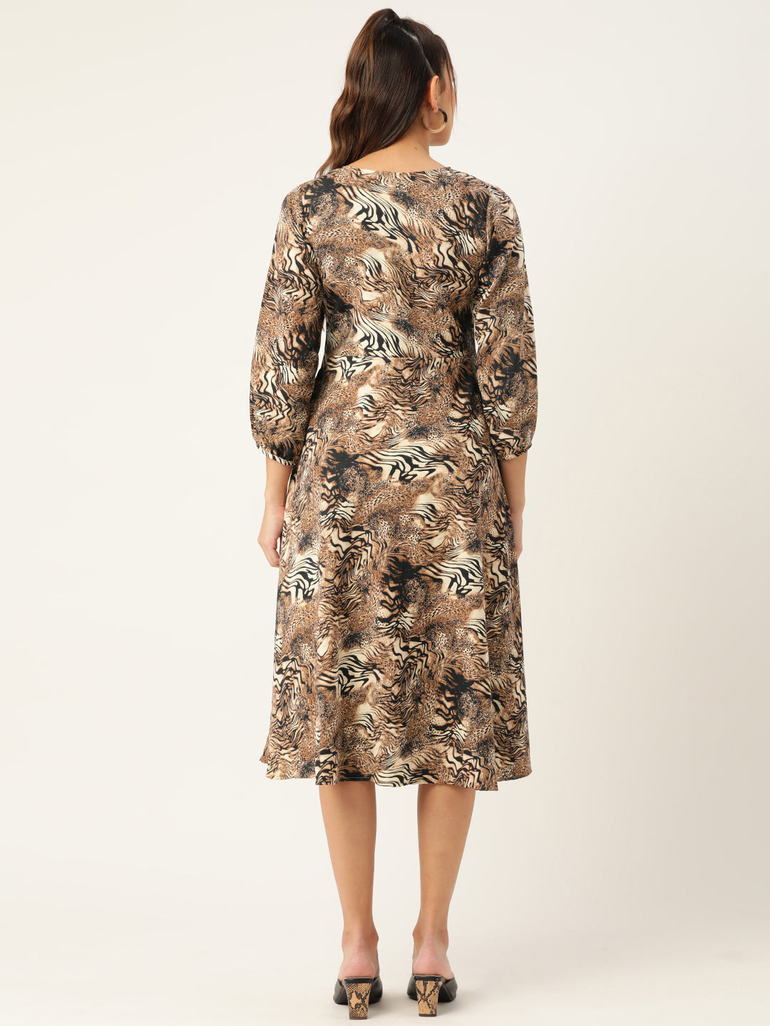 Jainish Women's Animal Print Puff Sleeves Crepe Midi Dress - Distacart