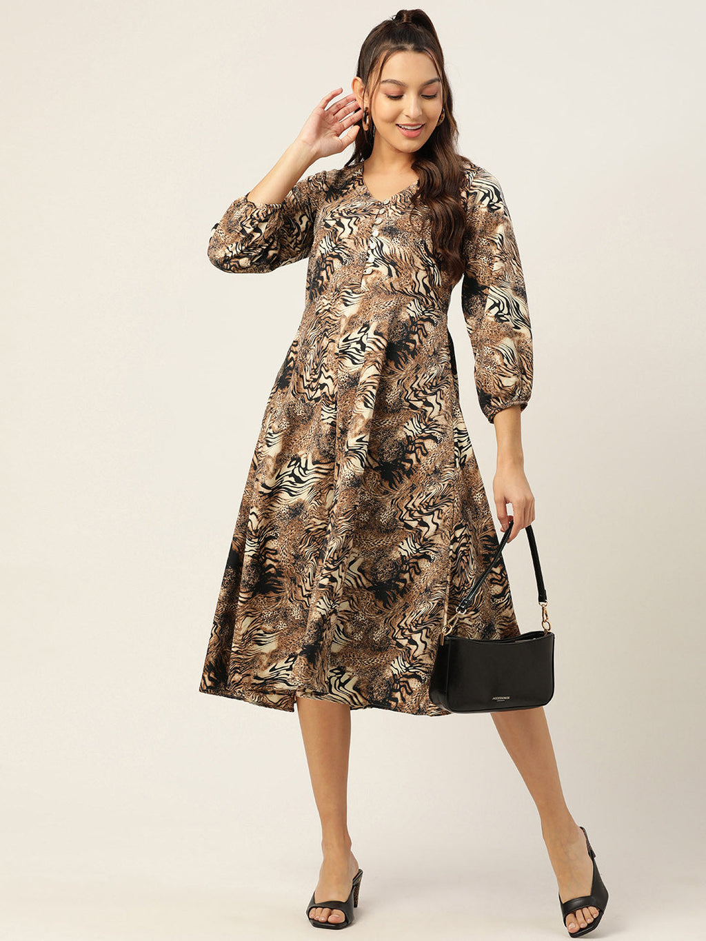 Jainish Women's Animal Print Puff Sleeves Crepe Midi Dress - Distacart