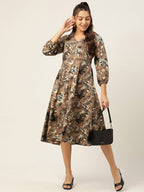 Jainish Women's Animal Print Puff Sleeves Crepe Midi Dress - Distacart