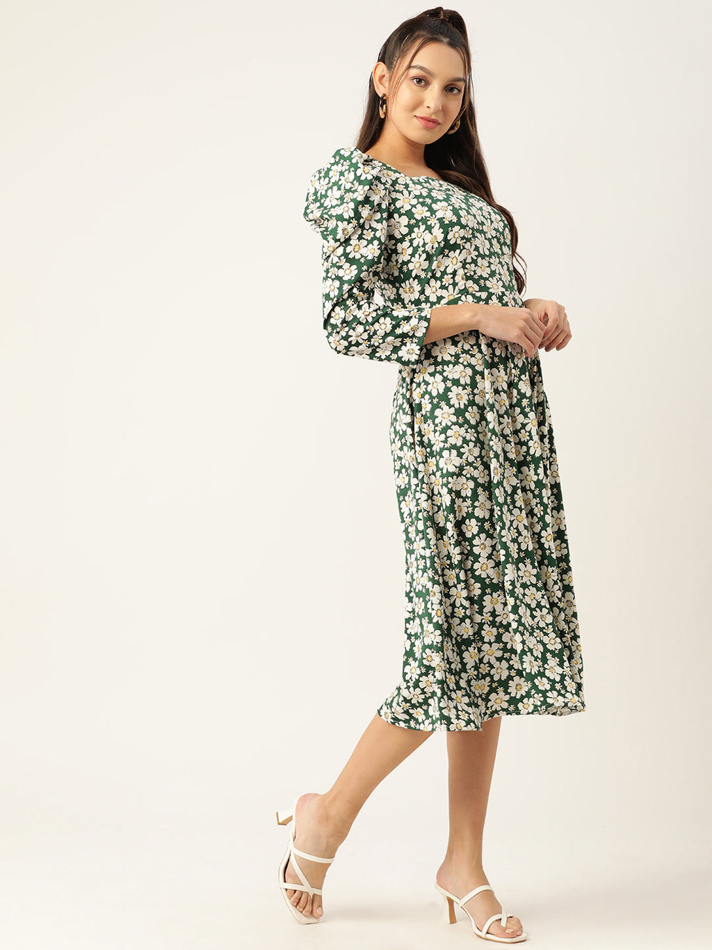 Jainish Women's Floral Print Puff Sleeves Crepe Midi Dress - Distacart