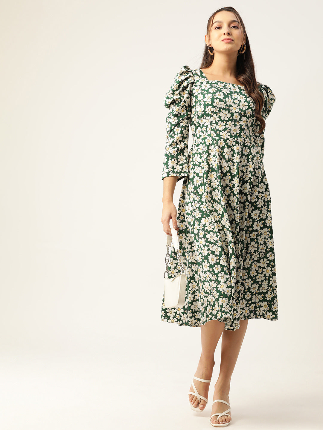Jainish Women's Floral Print Puff Sleeves Crepe Midi Dress - Distacart