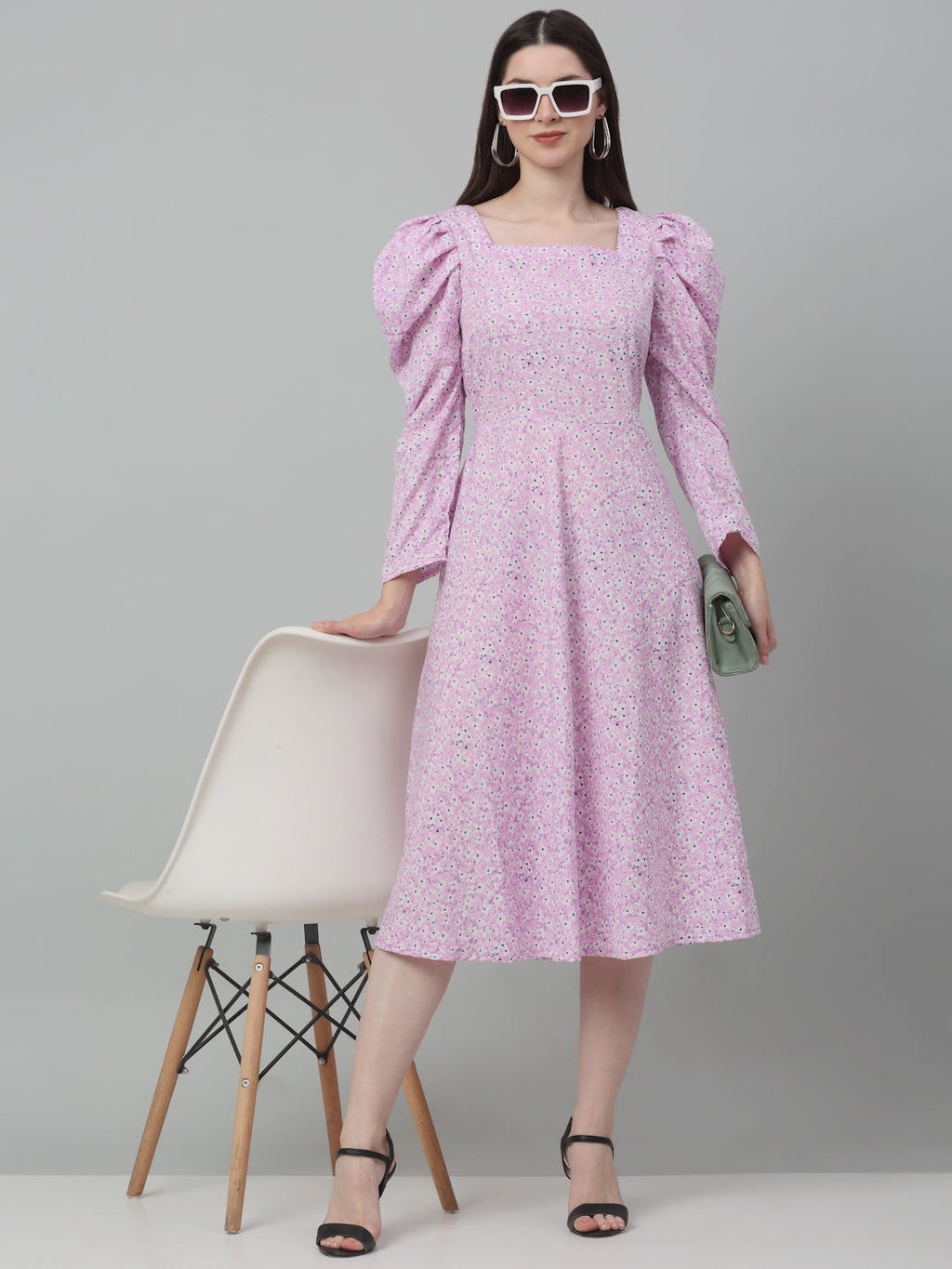 Jainish Women's WoFloral Print Square Neck Puff Sleeved flared Dress - Light-Purple - Distacart