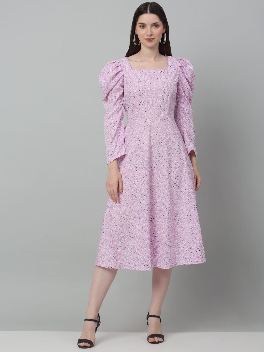 Jainish Women's WoFloral Print Square Neck Puff Sleeved flared Dress - Light-Purple - Distacart