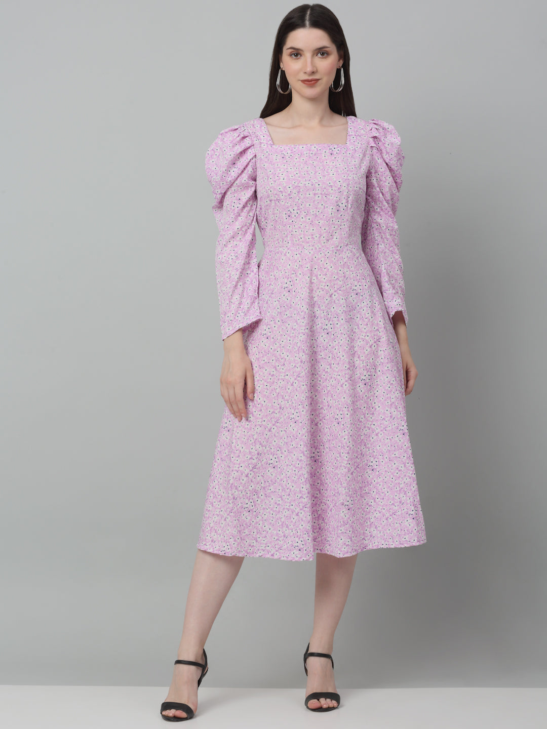 Jainish Women's WoFloral Print Square Neck Puff Sleeved flared Dress - Light-Purple - Distacart