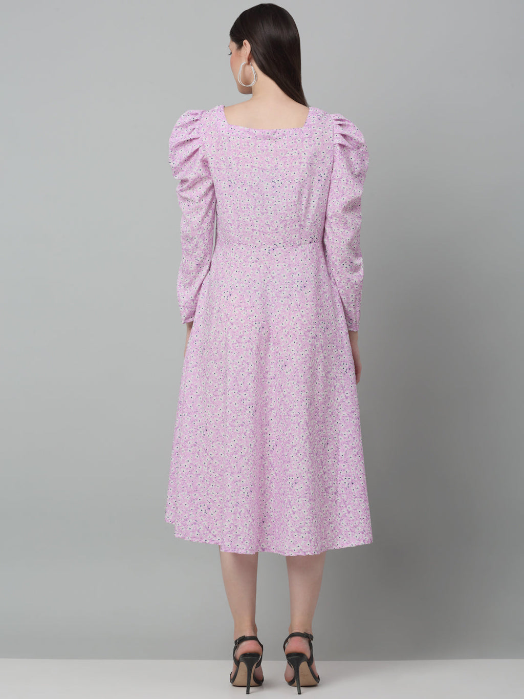 Jainish Women's WoFloral Print Square Neck Puff Sleeved flared Dress - Light-Purple - Distacart