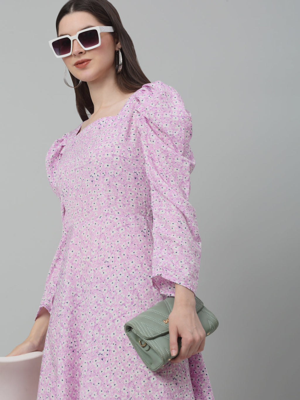 Jainish Women's WoFloral Print Square Neck Puff Sleeved flared Dress - Light-Purple - Distacart