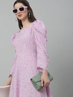 Jainish Women's WoFloral Print Square Neck Puff Sleeved flared Dress - Light-Purple - Distacart