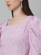 Jainish Women's WoFloral Print Square Neck Puff Sleeved flared Dress - Light-Purple - Distacart