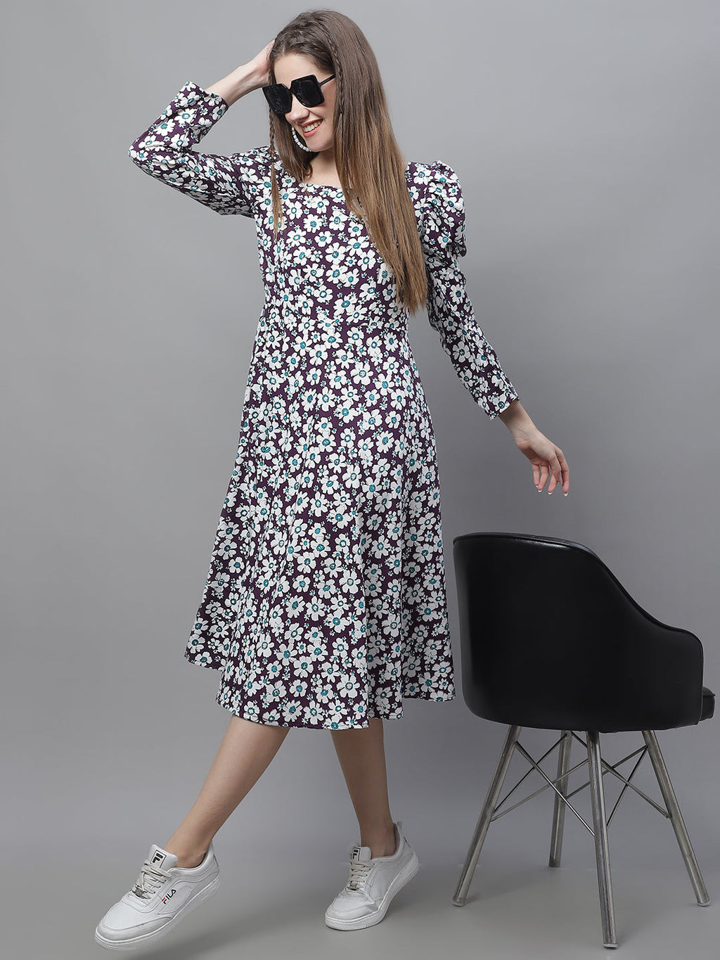 Jainish Women's WoFloral Print Square Neck Puff Sleeved flared Dress - Purple - Distacart