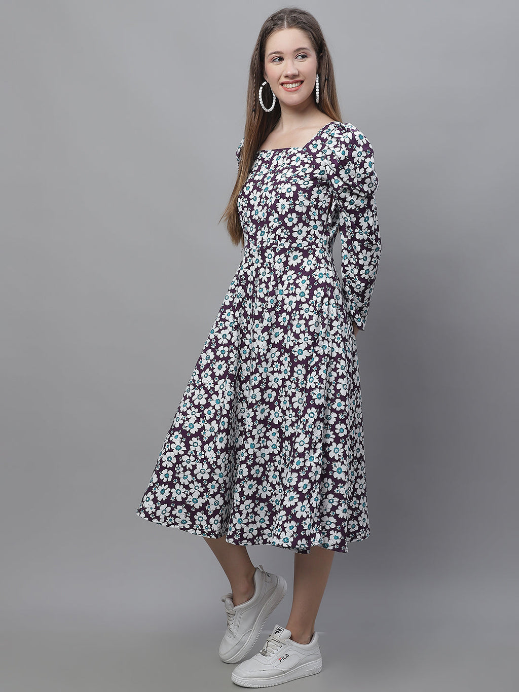 Jainish Women's WoFloral Print Square Neck Puff Sleeved flared Dress - Purple - Distacart