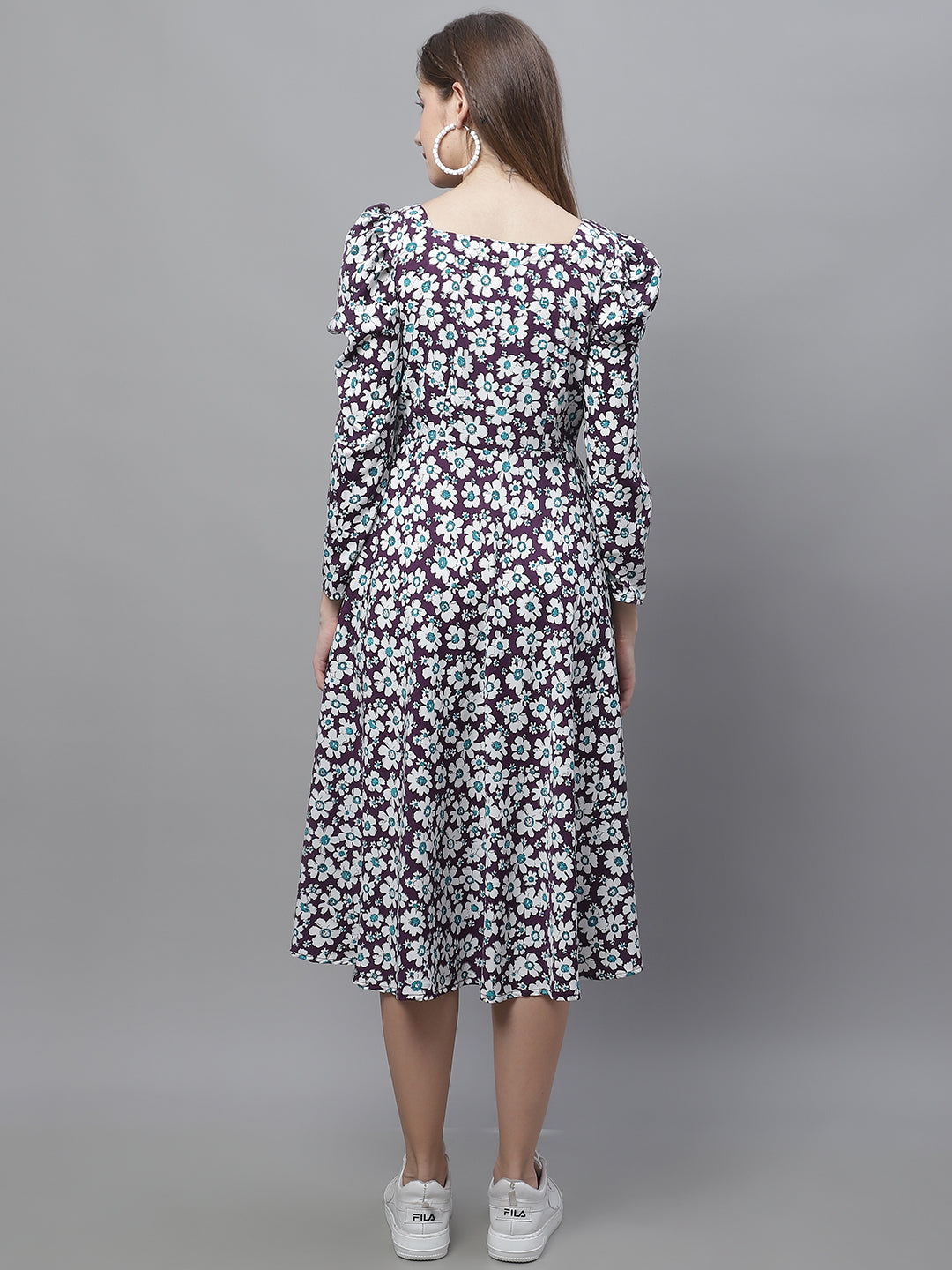 Jainish Women's WoFloral Print Square Neck Puff Sleeved flared Dress - Purple - Distacart