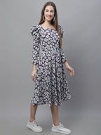 Jainish Women's WoFloral Print Square Neck Puff Sleeved flared Dress - Purple - Distacart